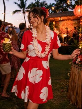 Lilo and stitch themed Red Tropical Print Fit-and-Flare Dress